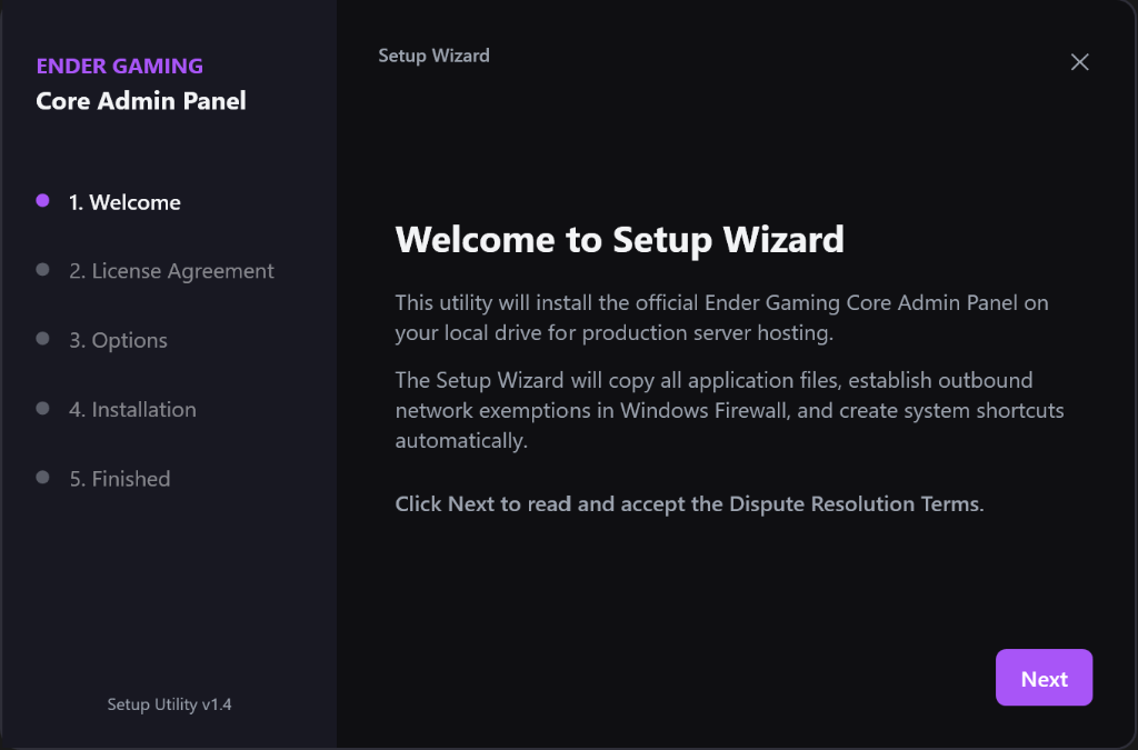 Ender Gaming Core Setup Wizard Mockup